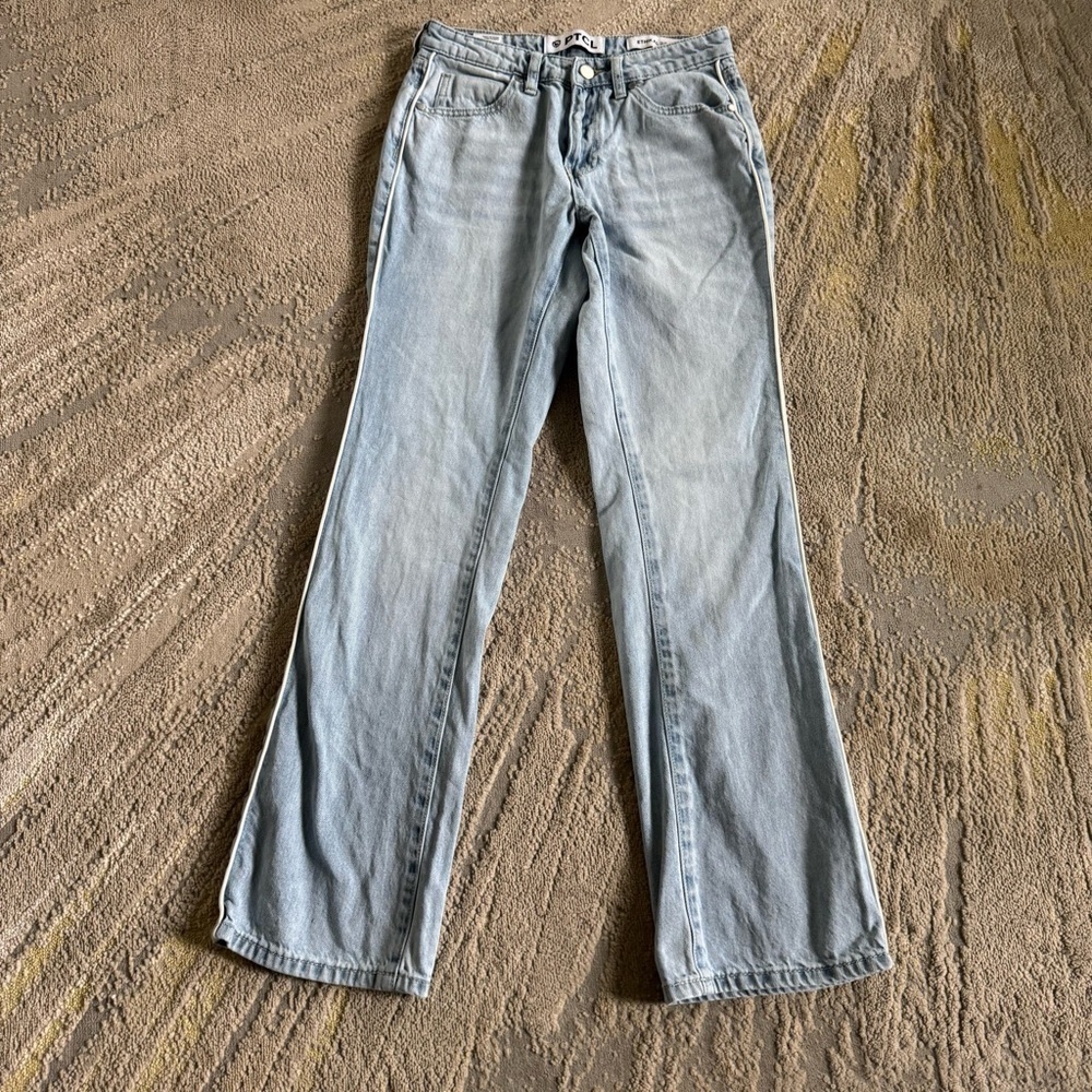 PTCL wide straight leg baggy loose relaxed jeans light wash white piping 25